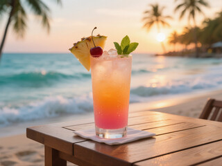 Premium Tropical Cocktail on Teak Table at Sunset Beach