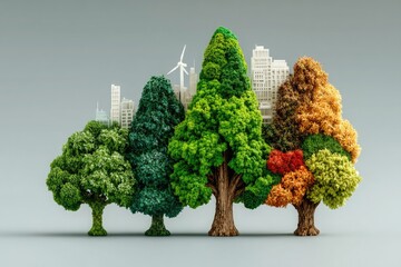 A city skyline made up of diverse trees and wind turbines, symbolizing sustainable development