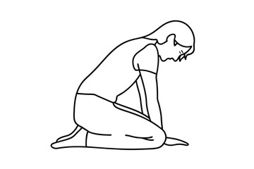 Simple line drawing depicting a woman kneeling with head bowed representing sadness or reflection