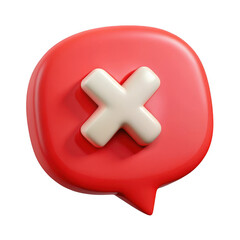 3d red speech bubble with white cross icon realistic render