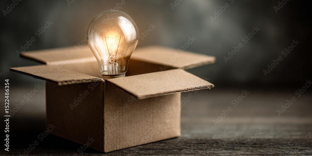 Aufkleber Creative concept of innovation and ideas emerging from an open cardboard box with a light bulb concept in a modern office setting