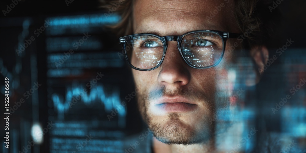 Aufkleber thoughtful young man in glasses reflecting on data analysis concepts with digital graphics in backgr