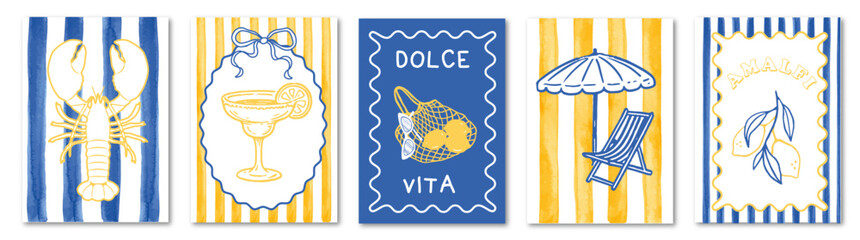SET OF HAND DRAW SUMMER POSTER STYLE DOLCE VITA WITH SUMMER BEACH ELEMENTS