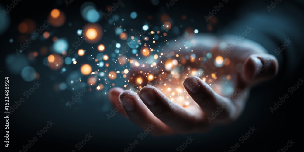 Poster creative vision and imagination represented through glowing orbs and sparkling lights held in a hand