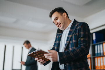 Two businessmen collaborate in an office setting, focusing on professional tasks and communication.