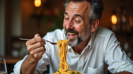 Middle-aged Caucasian man joyfully enjoying a plate of spaghetti in a cozy restaurant setting.