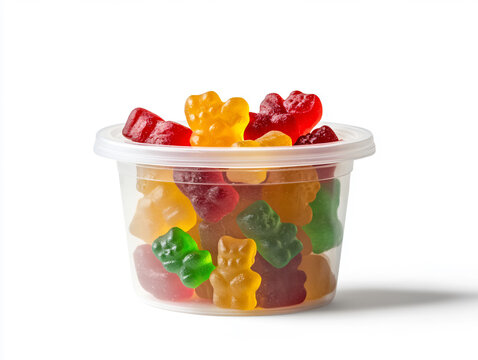 A colorful assortment of gummy bears spilling out of a plastic container. Sweet and delicious candy treats.