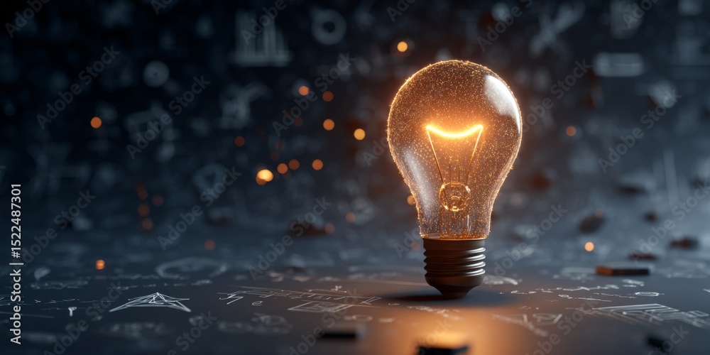 Poster bright light bulb glowing in a dark background surrounded by various symbols of creativity, innovati