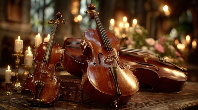 Close-up of classical string instruments including violin, viola and cello on ornate wooden table with glowing candlelight in elegant interior perfect for concert posters, music school ads and vintage