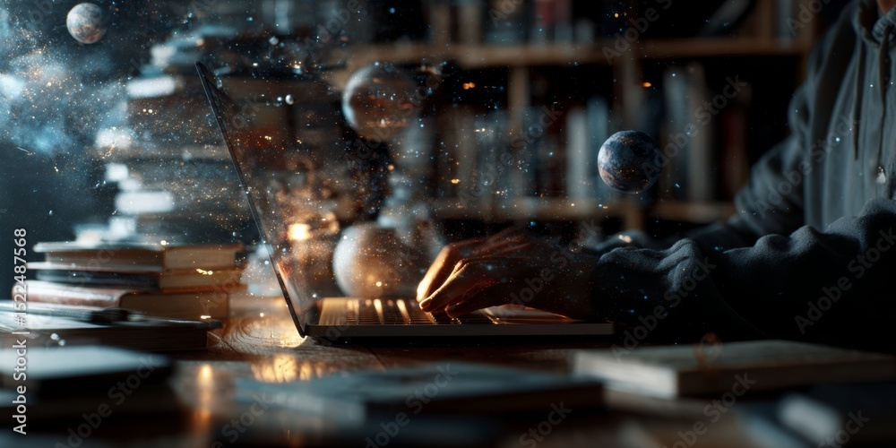 Poster Person Using Laptop Surrounded by Books, Charts, and Cosmic Elements Representing Knowledge, Learning, and Digital Exploration in a Modern Workspace
