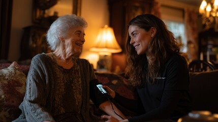 Obraz premium In a cozy living room a caregiver carefully fastens the soft adjustable cuff on an elderly companion. Afternoon light dances off polished wood surfaces illuminating shared smiles. The