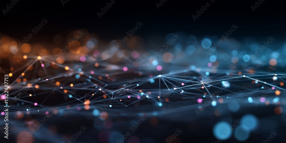 Poster Abstract connection network with colorful dots and lines representing data flow, technology, and communication across digital space