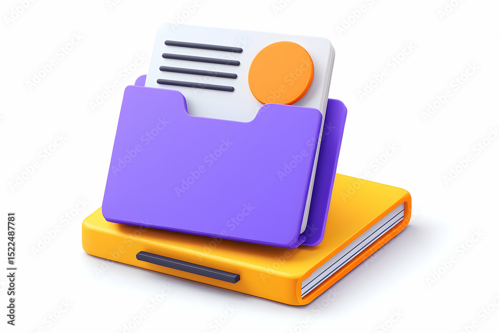 Poster 3d render of a purple file folder on a yellow notebook representing data storage and organization