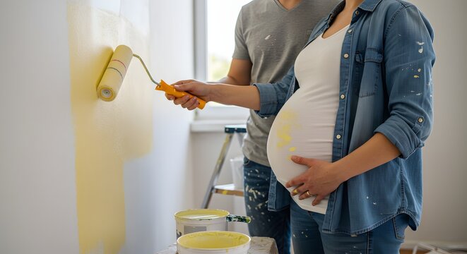 Gender Reveal Expectant Couple Painting Nursery Preparing for Baby's Arrival Baby Bump