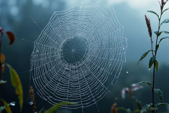 Intricate Spider Web Captured with Dew Drops on a Foggy Morning - Powered by Adobe