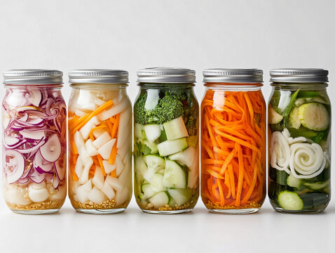 An artistic arrangement of various pickled vegetables in mason jars