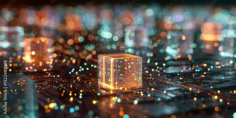 Aufkleber Abstract digital landscape featuring illuminated transparent cubes on a futuristic grid with glowing particles creating a mesmerizing cosmic atmosphere