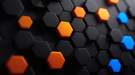 3D hexagon pattern with orange and blue, Futuristic black geometric surface, Ideal for digital tech or network concept design