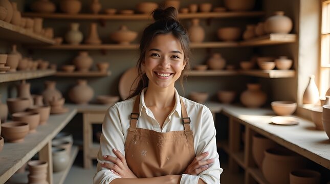 A smiling Asian woman in an apron stands confidently in her pottery studio, surrounded by handmade ceramic pieces.