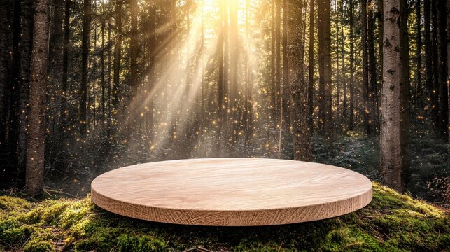 Wooden disc platform in a sunlit forest.