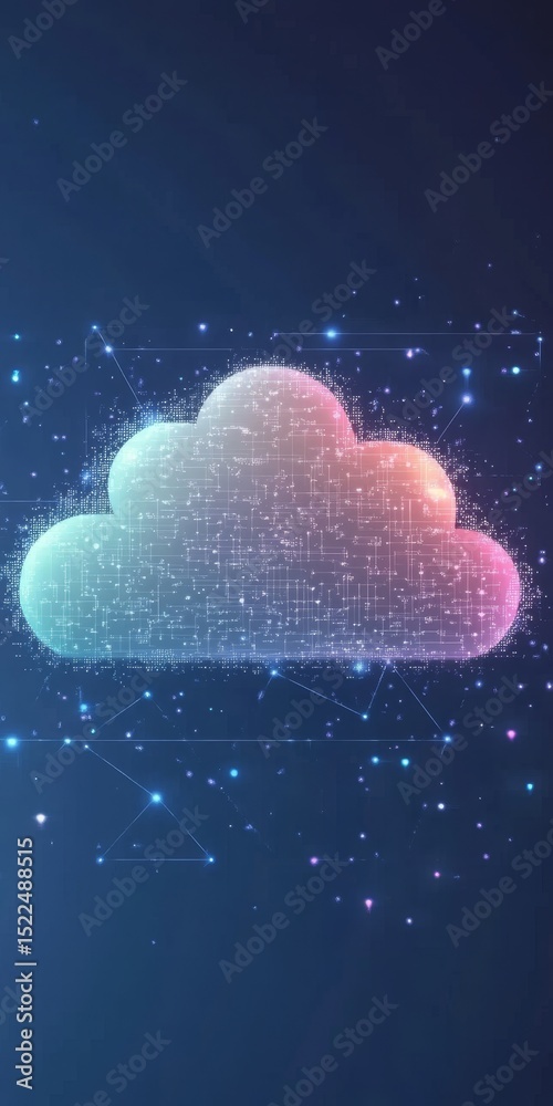 Poster futuristic cloud computing concept with digital data storage and network nodes on blue background