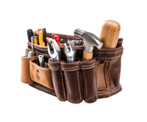 Leather tool belt with assorted tools and equipment for repairs