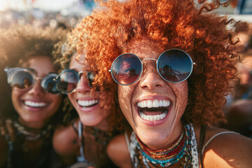 Group of joyful women with curly hair wearing sunglasses at a vibrant outdoor festival