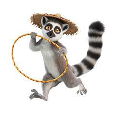 Fototapeta premium Lively lemur performing hoops animated character fun scene whimsical design transparent background
