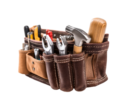 Leather tool belt with assorted tools and equipment for repairs
