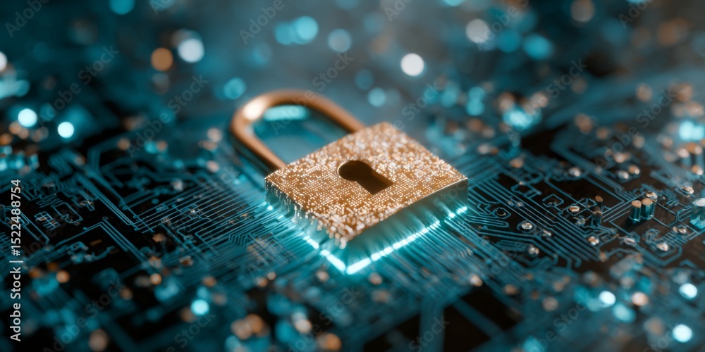 Poster Secure Data Protection Concept with Digital Lock on Circuit Board Background Representing Cybersecurity and Information Safety in Modern Technology World
