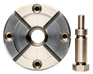 Machined metal faceplate and pin on a transparent background