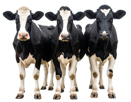Three black and white cows