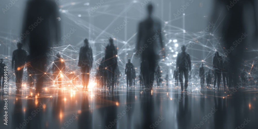 Poster diverse individuals connected through abstract digital network, representing social interaction, col