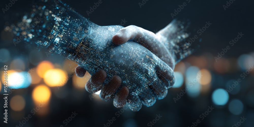 Poster futuristic handshake symbolizing partnership, technology, innovation, and connection in a digital wo