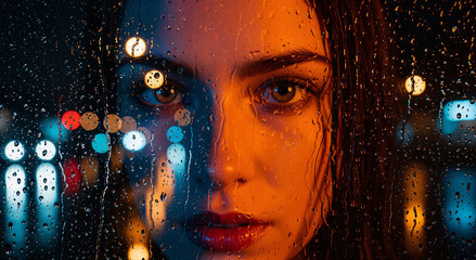 Portrait émouvant d'une femme à travers une fenêtre pluvieuse aux lumières urbaines floues.