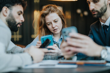 A group of professionals working together, holding smart phones during a collaborative business discussion in an office environment.