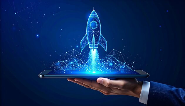 Digital rocket launch from the stock market candlestick in outer space. Boosting of investment profit concept. analyzing, big data, chart, concepts, data, diagram, expertise, finance, graph, growth, 
