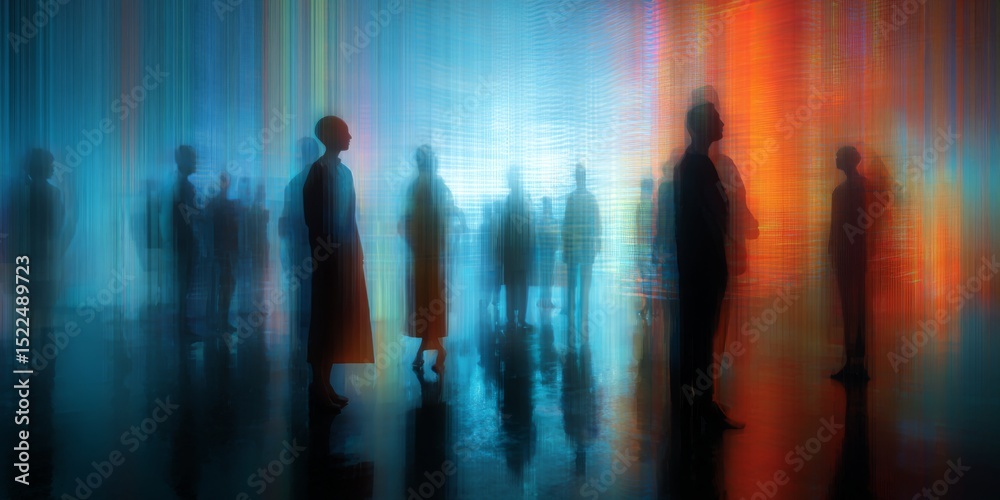 Poster diverse silhouettes of people standing in front of a colorful abstract digital backdrop, representin