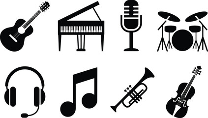 Obraz premium Music instruments vector illustration set guitar piano microphone drums headphones note trumpet violin editable stock vector illustration