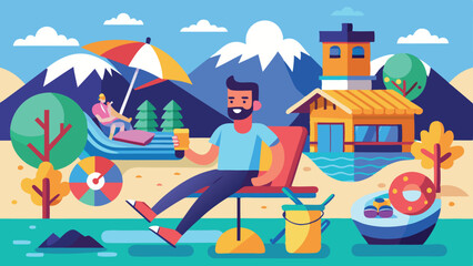 Illustration of a Relaxing Beach Scene with Man Drinking, Mountains, and Colorful Elements
