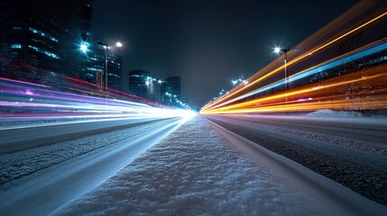 Night City Lights, Snow Covered Road, Motion Blur
