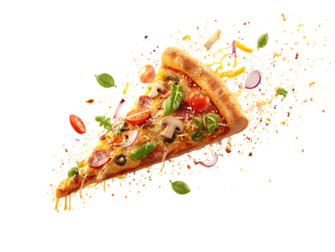 Flying pizza slice with ingredients on clipping path transprent