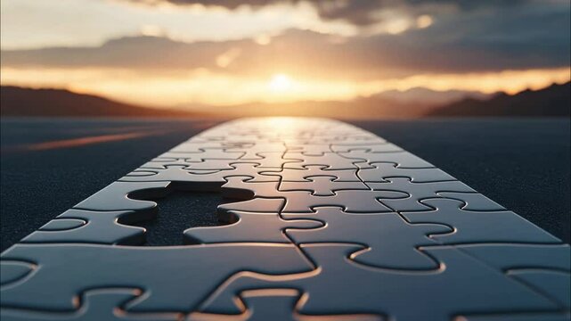 A long puzzle with a missing piece stretches toward a glowing sunset, symbolizing completion and hope.