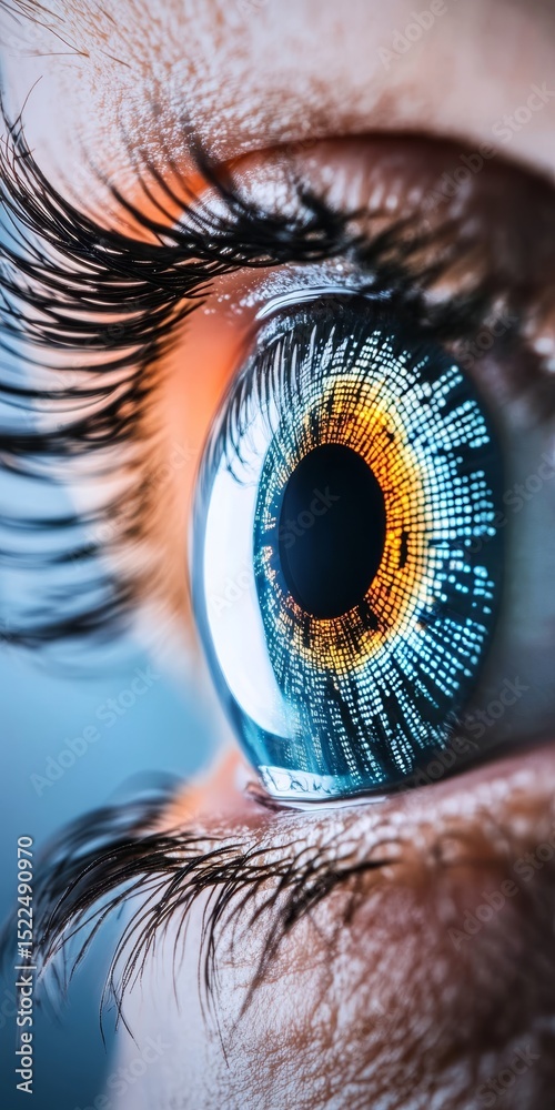 Poster futuristic cyborg eye with digital data codes representing advanced ai and cybersecurity concepts