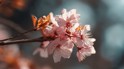 Close-up shot of a cluster of delicate pink cherry blossoms blooming on a slender branch, bathed in warm natural light.