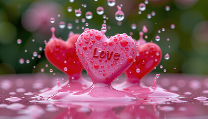 Melting pink hearts with droplets create romantic scene, symbolizing love and affection. vibrant colors enhance emotional expression