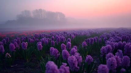 Early morning capture of mist rolling over a field of blooming hyacinths, pastel colors blending harmoniously.