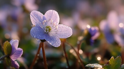 Macro shot of a single spring flower covered in morning dew, set against a blurred background of fresh blooms.