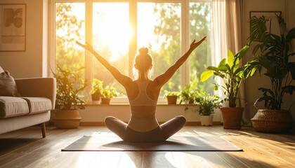 A young woman doing yoga in a cozy living room, sunlight streaming through the window.