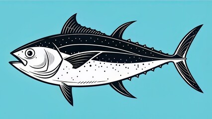 Fototapeta premium Stylized tuna fish in black over bright cyan background, with bold line art and minimalist detailing.